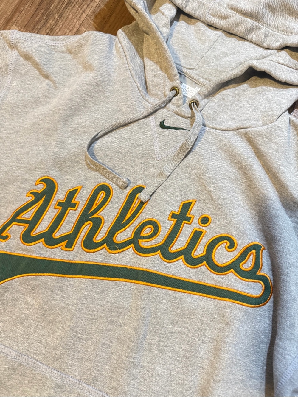 Vintage Nike Gray Hoodie with Green & Gold 'Athletics' Script